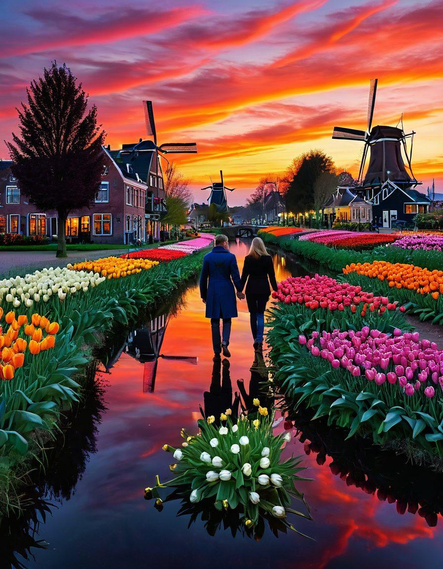 A romantic scene set in a picturesque Dutch landscape, featuring a couple strolling hand-in-hand along a canal lined with tulips. The twilight sky is painted in hues of pink and orange, symbolizing love and devotion. Traditional Dutch houses and windmills frame the background, creating a cozy atmosphere. Soft, warm lighting enhances the emotional connection between the couple. painting. vibrant colors.