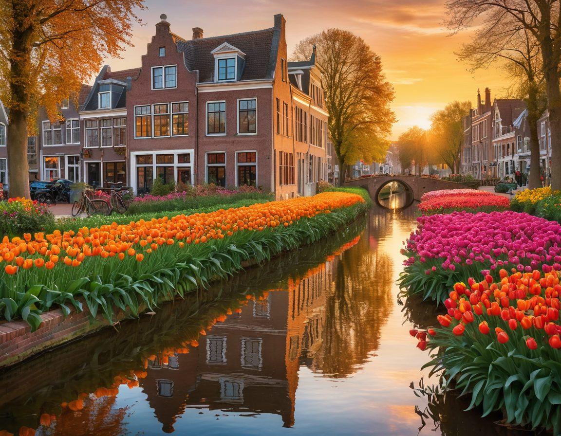 A picturesque canal in the heart of a quaint Dutch town at sunset, with a couple enjoying a bike ride along the water's edge, surrounded by tulip fields in vibrant colors. They hold hands and smile, enveloped in a warm, romantic atmosphere, highlighted by charming historic architecture in the background. whimsical style. vibrant colors. sunset glow.
