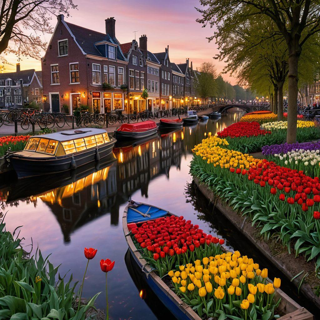 A serene canal scene in a picturesque Dutch town at sunset, featuring a couple enjoying a romantic boat ride, surrounded by blooming tulips and iconic windmills in the background. Add subtle hints of traditional Dutch cuisine on a nearby picnic blanket, and warm, inviting lights illuminating their laughter. Emphasize cultural elements like wooden clogs, bicycle lanes, and charming houseboats. painterly style. vibrant colors. dreamy atmosphere.